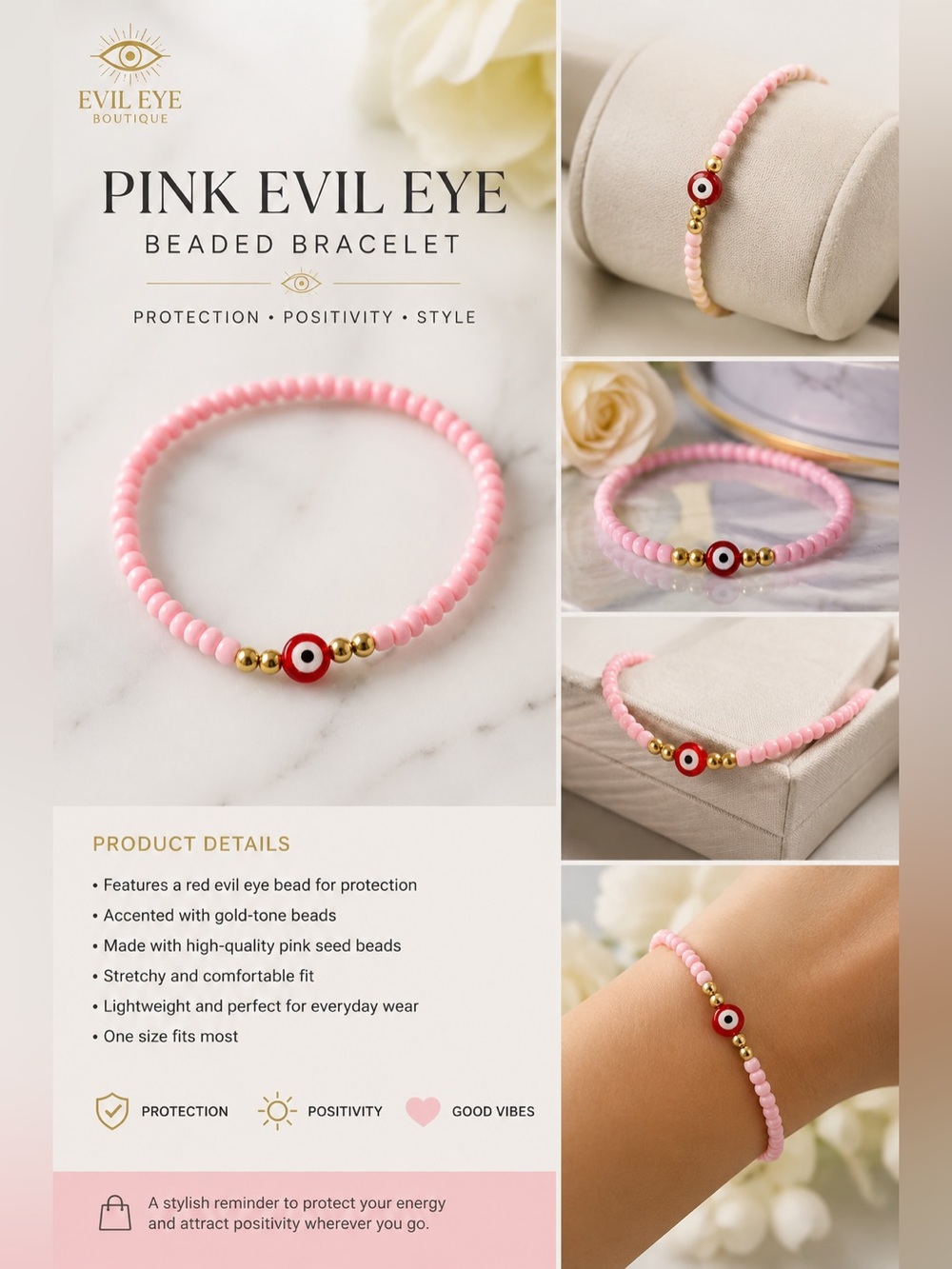 Evil Eye Pink Beaded Bracelet #15